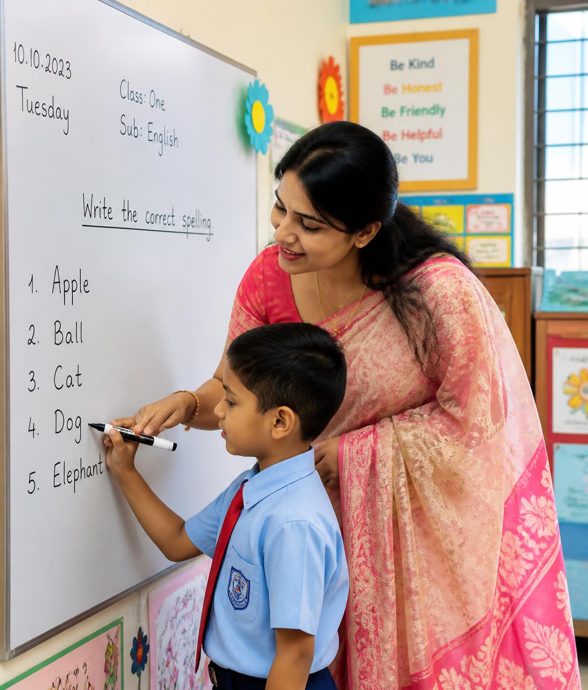 A teacher helping a young student write English words on the classroom whiteboard